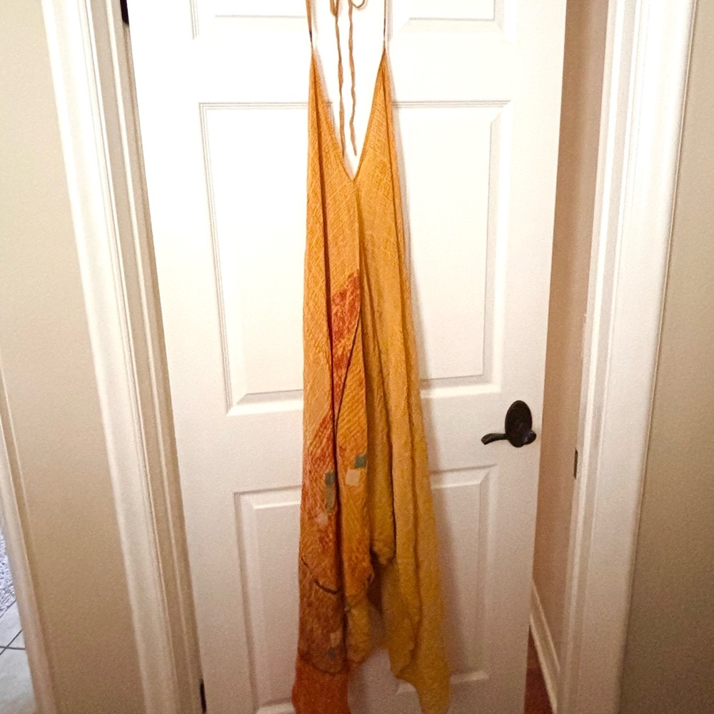 Vintage Swim Coverup yellow High Low Scarf like Dress w Adjustable Tie